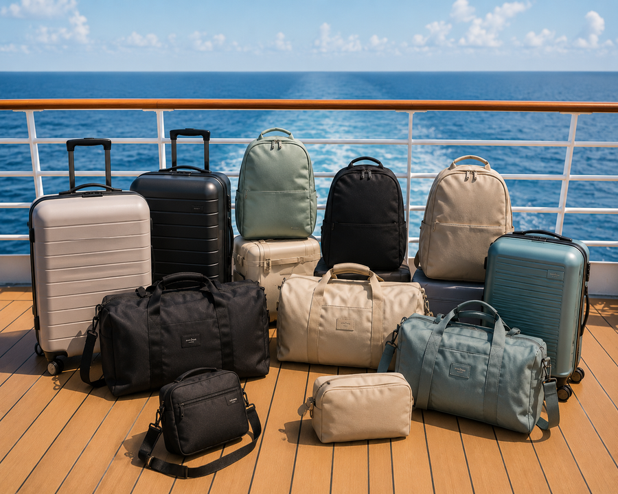 Collection of roamio suitcases and backpacks on a cruise ship deck with ocean view