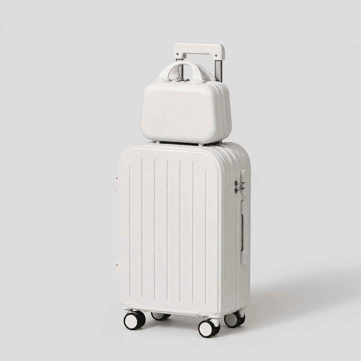 Cream white hardshell carry on luggage with cup holder, built-in charger port, side phone pocket, mini vanity case on top, and 360 spinner wheels
