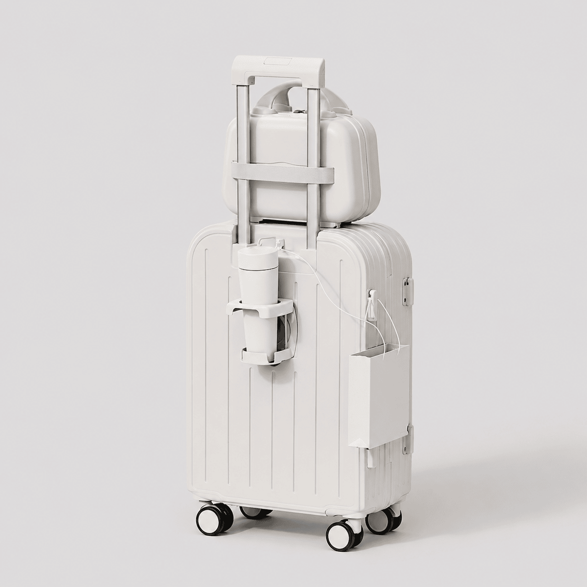 Back view of cream white travel suitcase showing vertical ribbed shell, mounted cup holder, side charger port, and perimeter zipper

