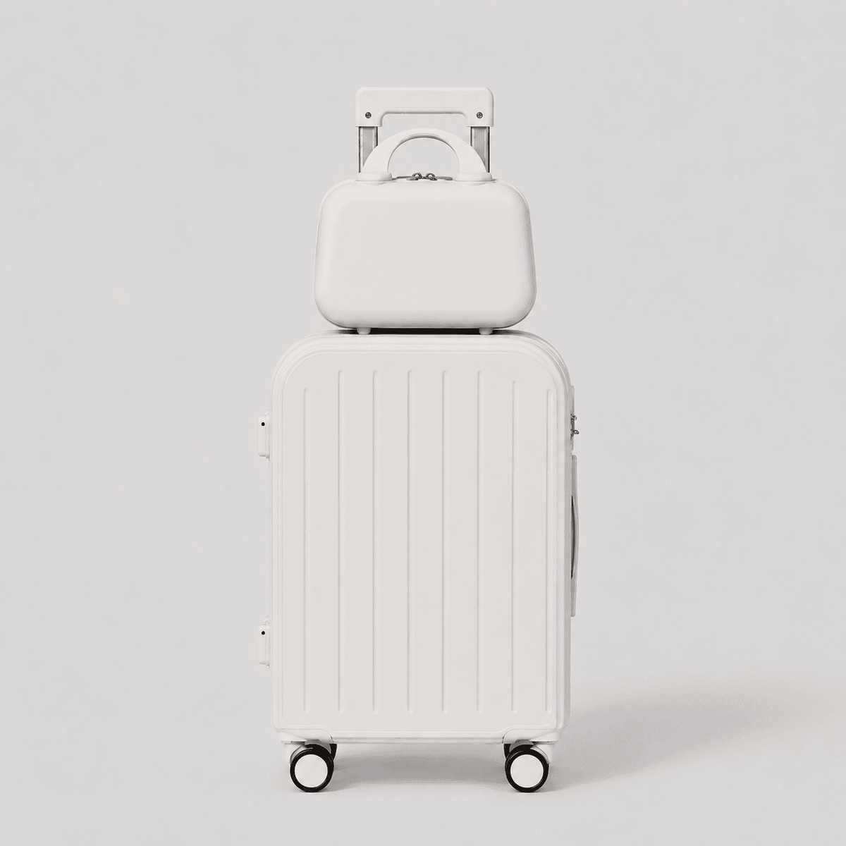 Front view of cream white travel suitcase showing vertical ribbed shell, mounted cup holder, side charger port, and perimeter zipper
