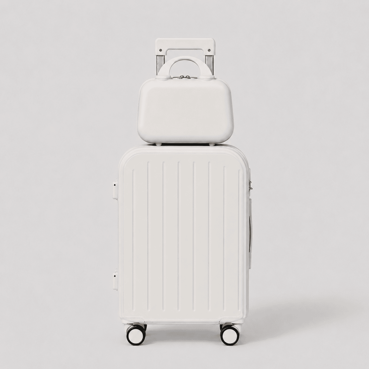 Front view of cream white travel suitcase showing vertical ribbed shell, mounted cup holder, side charger port, and perimeter zipper
