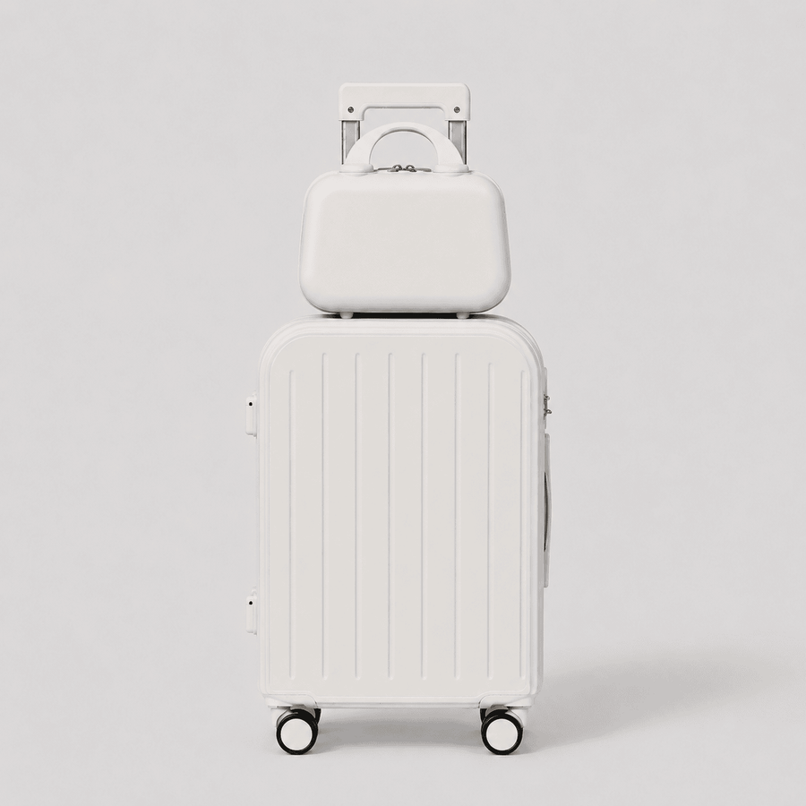 Front view of cream white travel suitcase showing vertical ribbed shell, mounted cup holder, side charger port, and perimeter zipper
