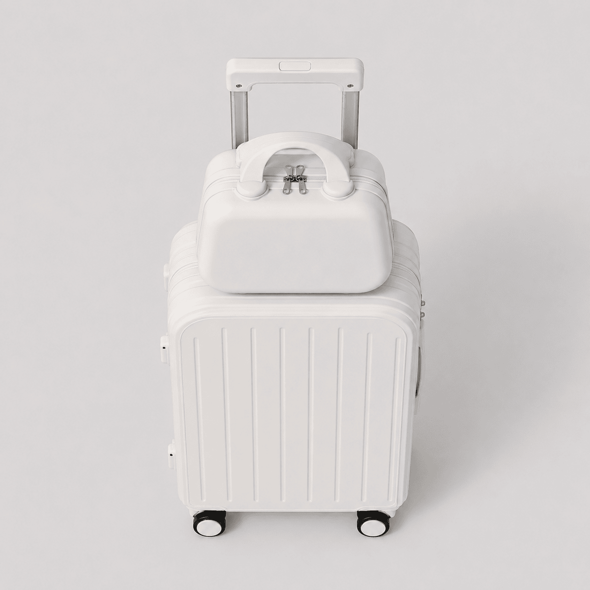 Top down view of cream white travel suitcase showing vertical ribbed shell, mounted cup holder, side charger port, and perimeter zipper
