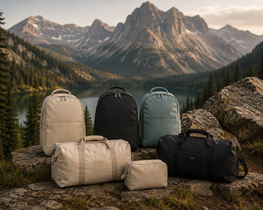 Set of roamio backpacks and duffels on a rock with mountain and lake background