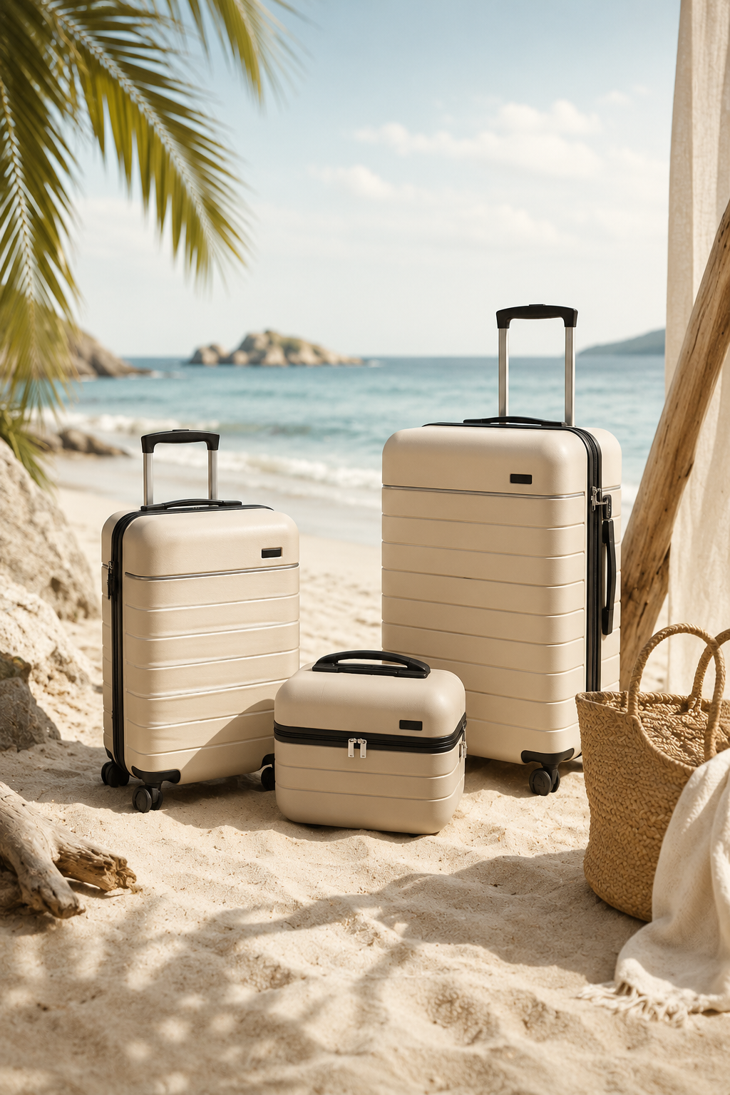 Set of roamio atlas suitcases on a sandy beach with ocean and palm trees in the background