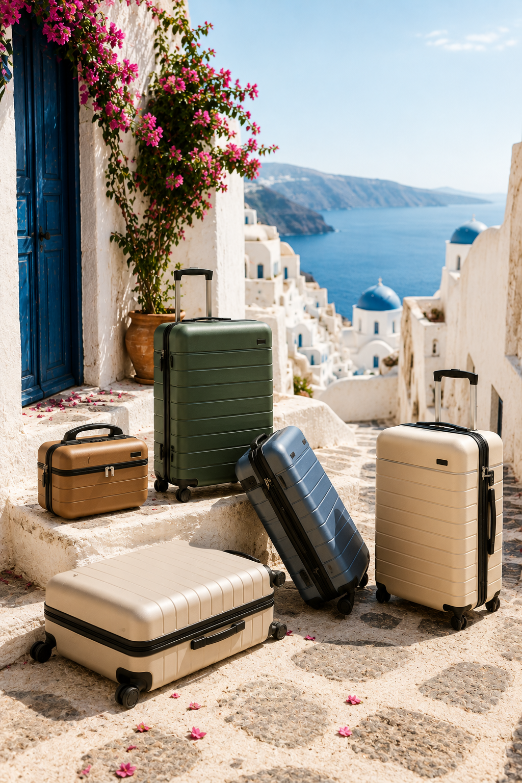 Collection of roamio suitcases on a stone path with a scenic view of the ocean and white buildings.