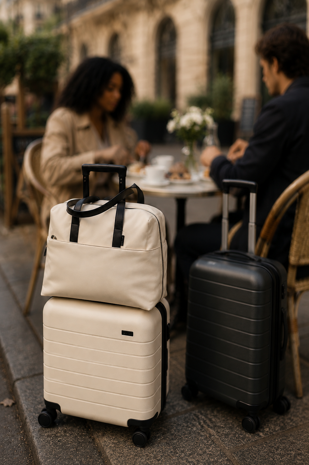 Two roamio suitcases stacked on a sidewalk with people sitting at a table in the background.
