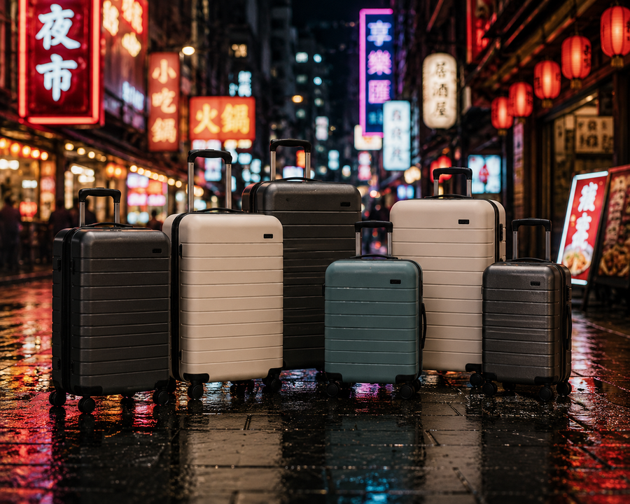 Set of roamio suitcases on a wet street with neon signs in the background